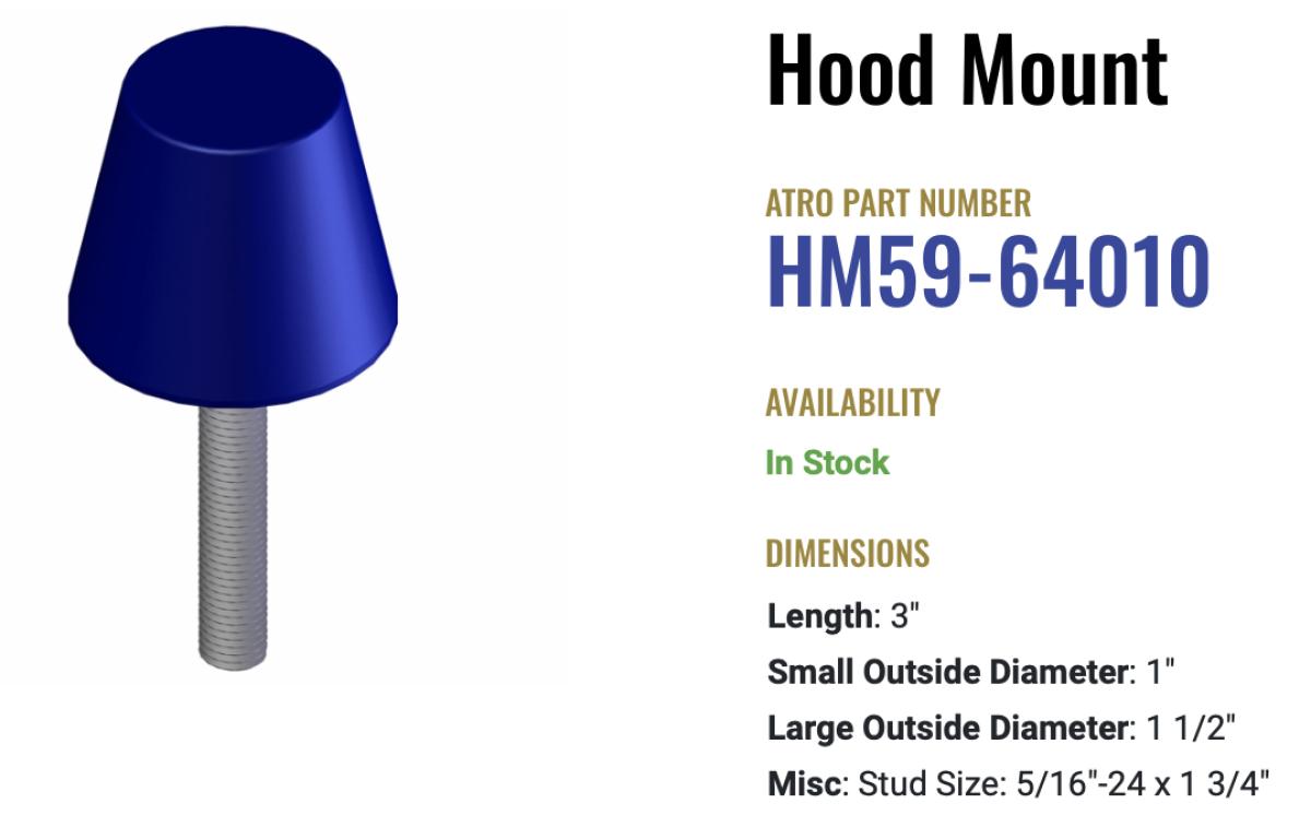 Atro Polyurethane Hood Mount for Kenworth HM59-64010 T300, T400, T600 and T800