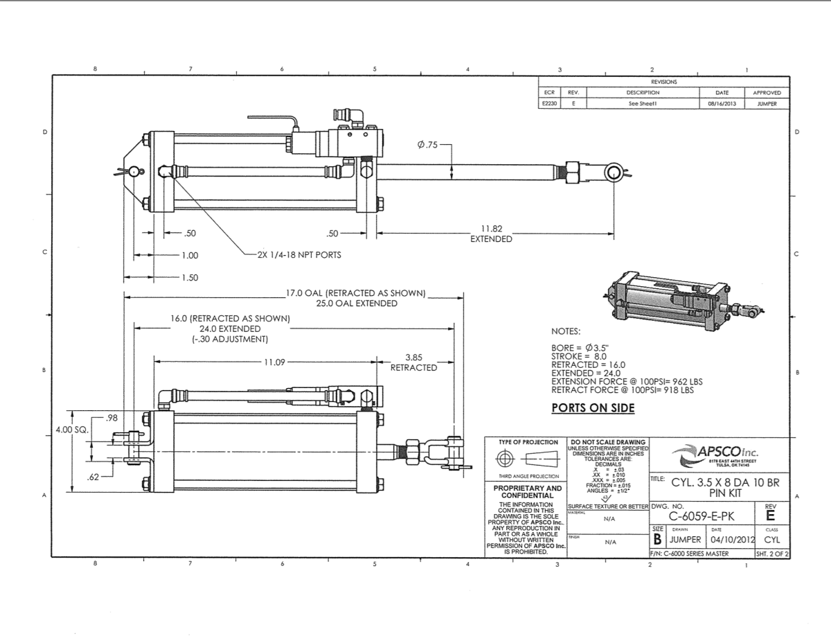 Apsco Dump Truck Locking Tailgate Air Cylinder 3-1/2" Dia x 8" Stroke - C-6059