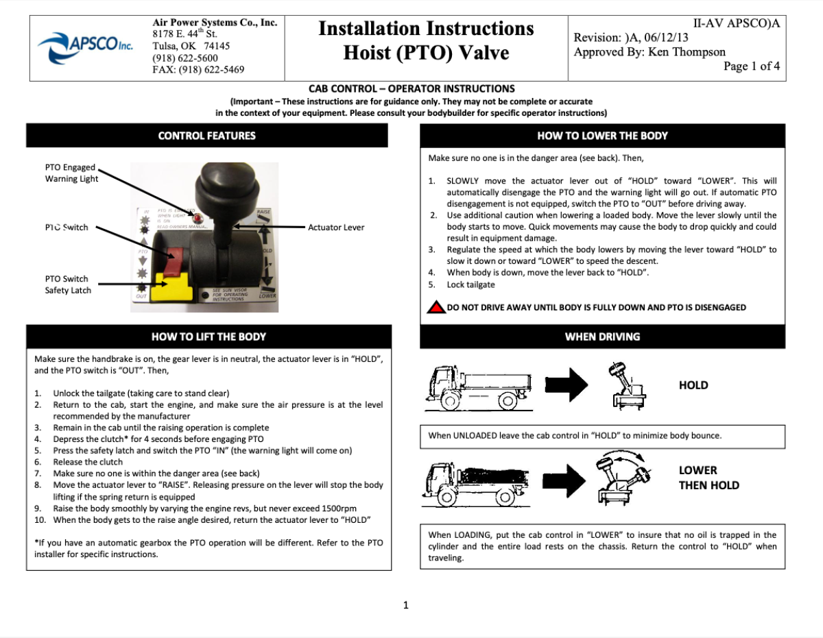 Apsco AVC295TG8 PTO/Hoist Control Tailgate Lock & PTO Auto Kick Out 8" Tower