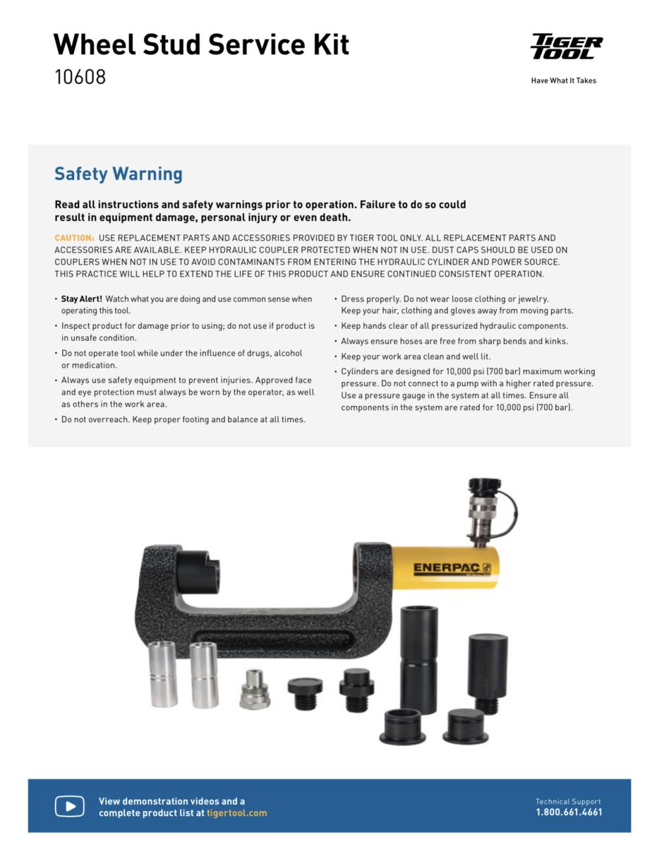 Tiger Tool 10608 Hydraulic Wheel Stud Service Kit Remover & Re-installer