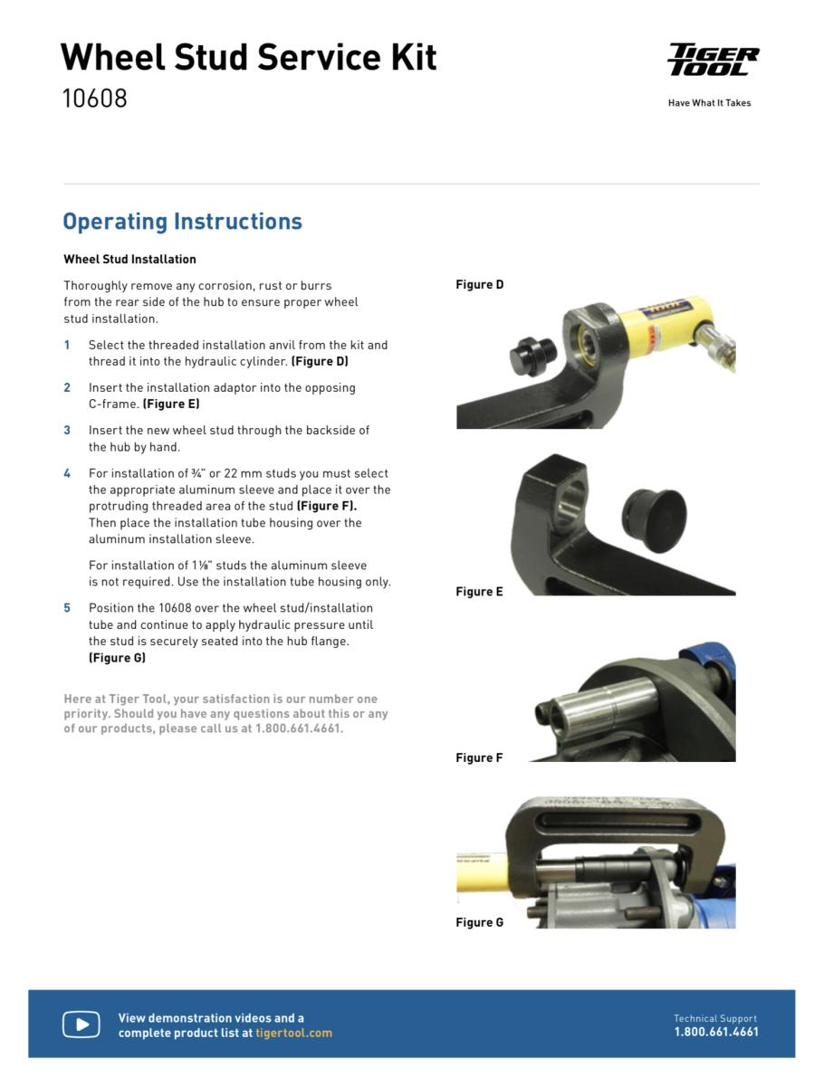Tiger Tool 10608 Hydraulic Wheel Stud Service Kit Remover & Re-installer