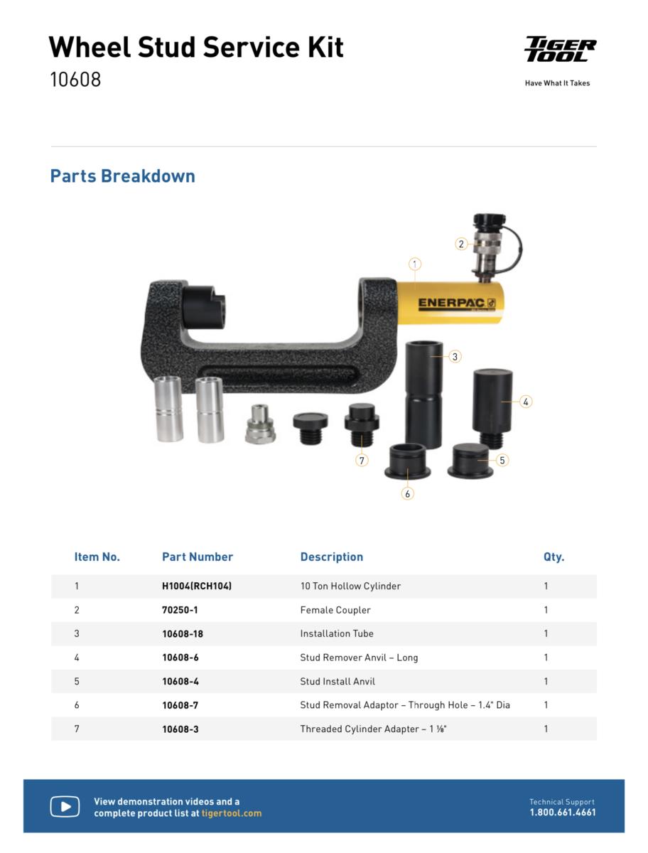 Tiger Tool 10608 Hydraulic Wheel Stud Service Kit Remover & Re-installer