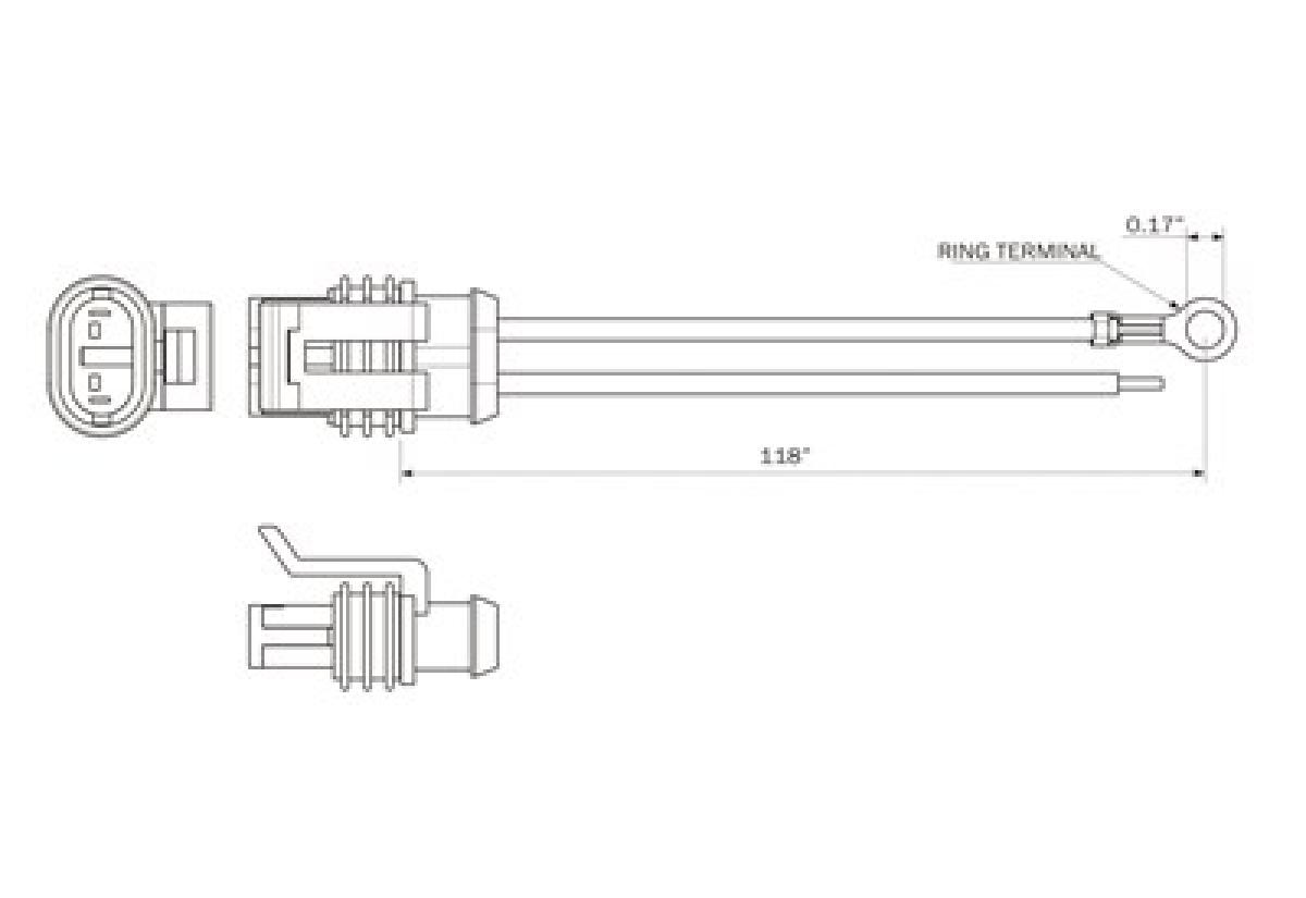 Weathertight 2-wire pigtail, plug to bare wire, 10" leads, 0.21" ID eyelet on ground