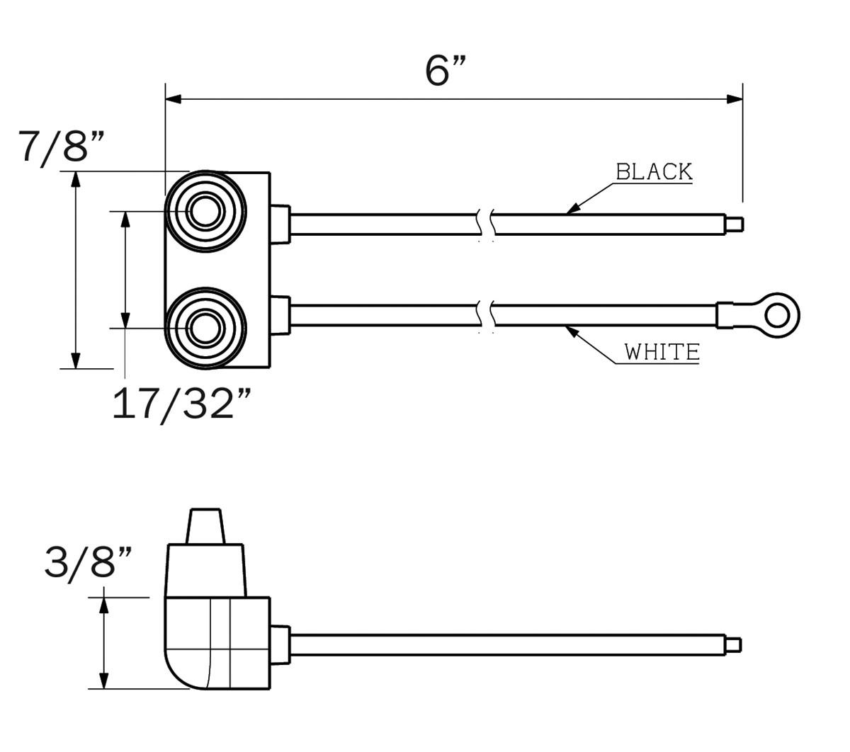 Right angle 2-wire pigtail with PL-10 plug, 6” leads, 4.25mm eyelet on ground wire
