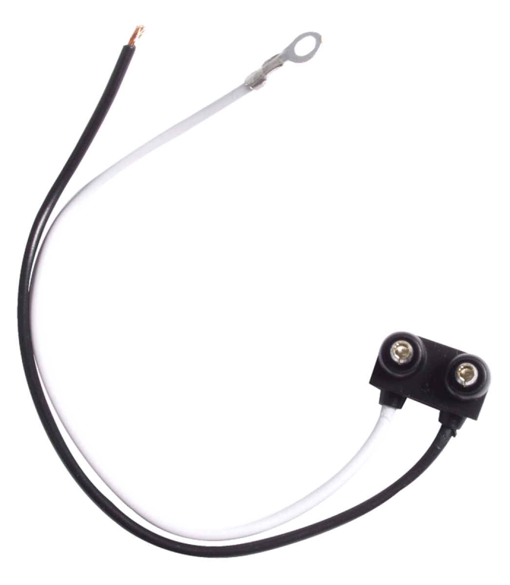 Right angle 2-wire pigtail with PL-10 plug, 6” leads, 4.25mm eyelet on ground wire