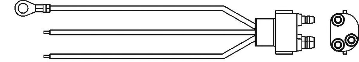 Three-pin PL-3 straight pigtail, 10” leads, ring terminal on ground, stripped wire ends on power leads