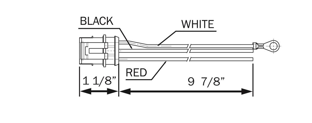 Weathertight 3-wire pigtail, 10" leads, ring terminal on ground, stripped wire ends on power leads