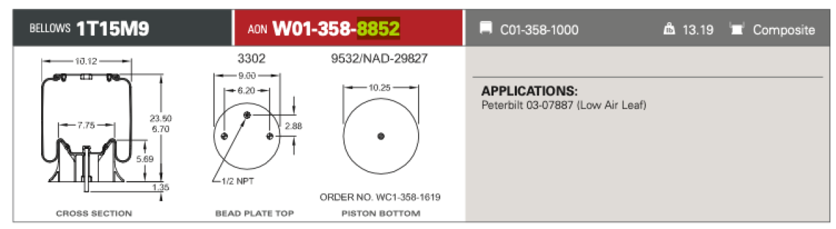 OEM Air Spring Bag for Peterbilt AIR SPRING 03-07887 , W01-358-8852 , 91019P472