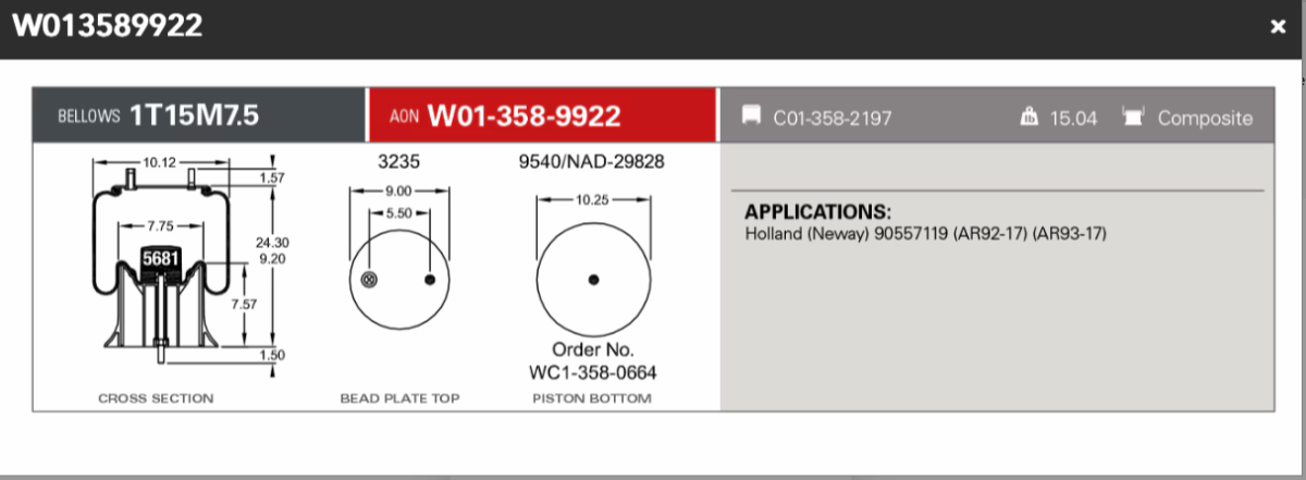 Firestone Airspring 9922 NewayHolland Trailer AR90, AR92, AR93 AR250