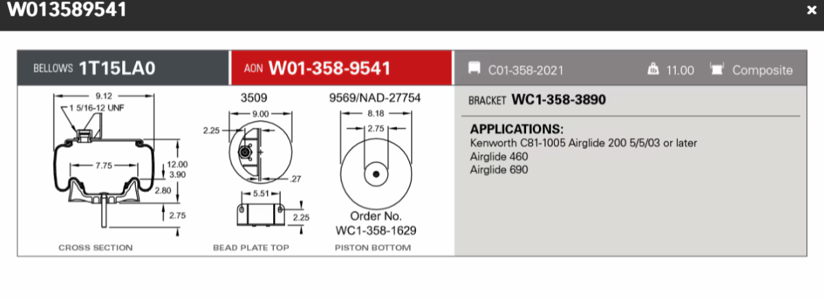 Firestone Airspring for Kenworth Airglide 200 5/5/03 or Later