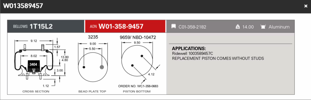 Firestone Airspring 9457 Ridewell 1003589457C