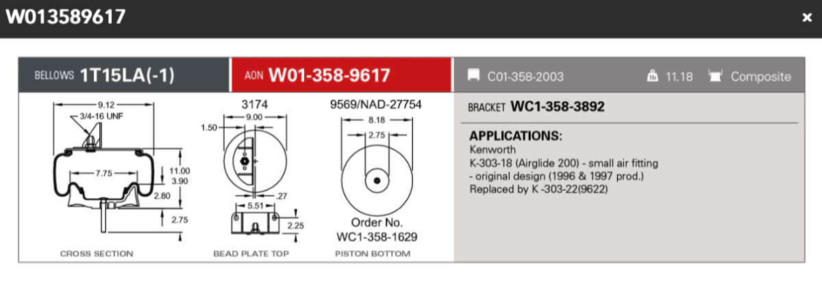 Firestone Airspring 9617 for Kenworth ( Airglide 200) Small Air Fitting K-303-18