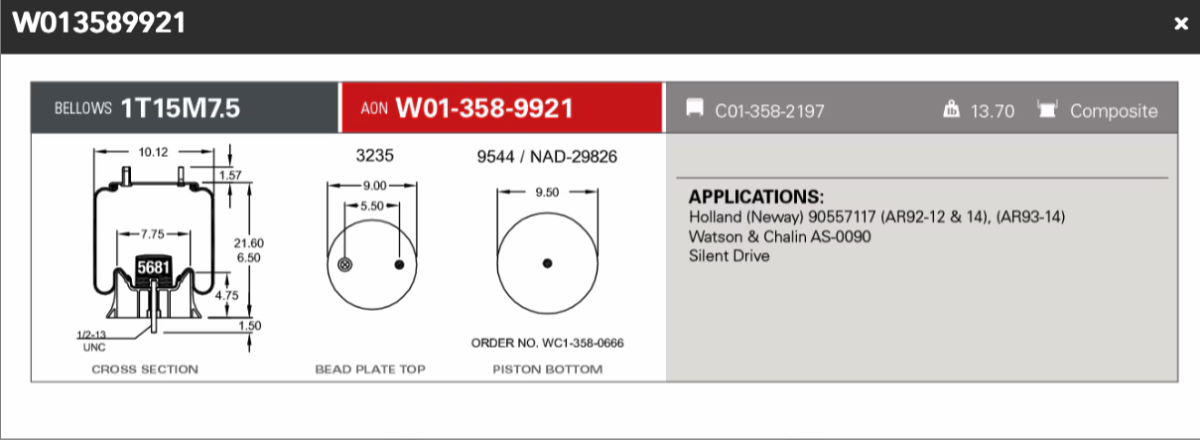Firestone Airbag 9921Holland Neway (AR92-12 & 14) (AR93-14)