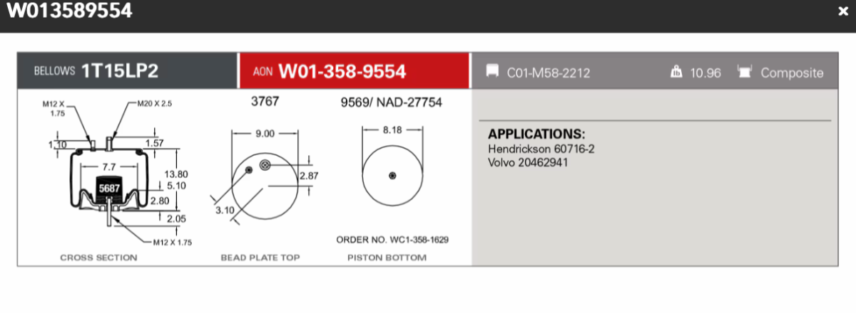Firestone Airspring 9554 Mack , Volvo/ White Airtek