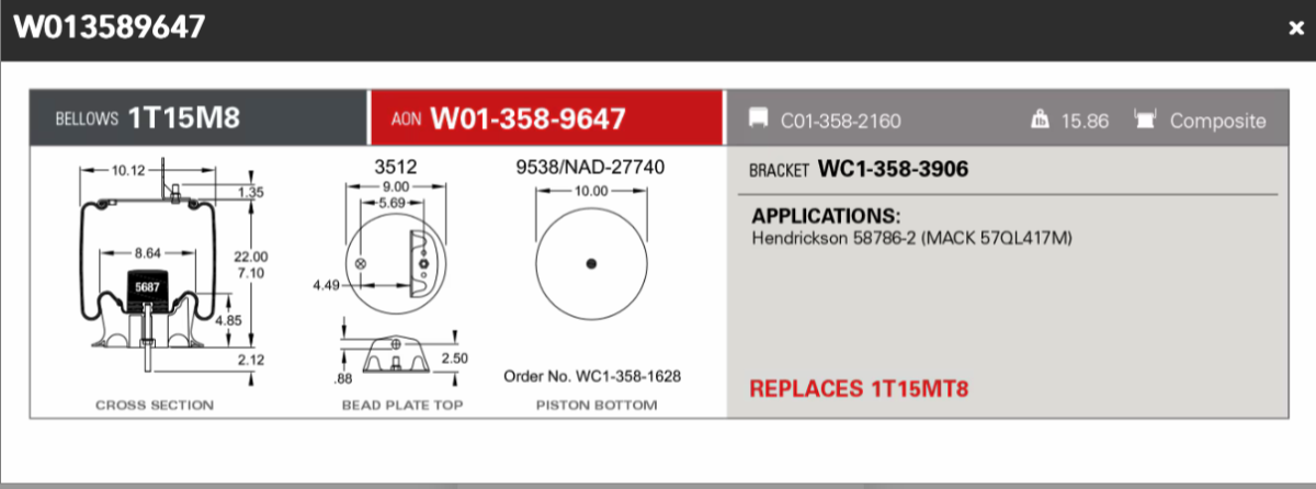 Firestone Airspring 9647 (Mack # 57QL417M ) ( Hendrickson 58786-2)