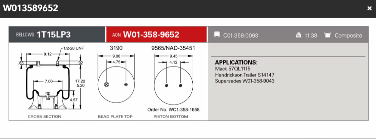 Firestone Airspring 9652 Also 57QL1115 S14147 9043