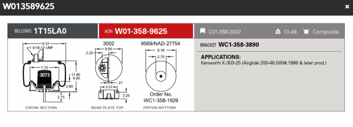 Firestone Airspring 9625 for Kenworth (airglide 200-46,000 1998 & later) K-303-25
