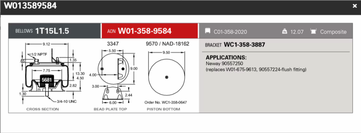 Firestone Airspring 9584 for Neway 90557250 Replaces W01-675-9613