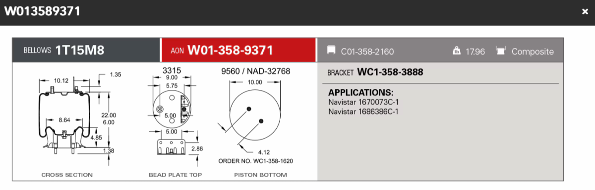 Firestone Airsping 9371 Navistar 1670073C-1, 1686386C-1