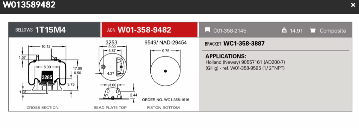 Firestone Airspring 9482 Neway / Holland Rear Drive Air AD160, AD200