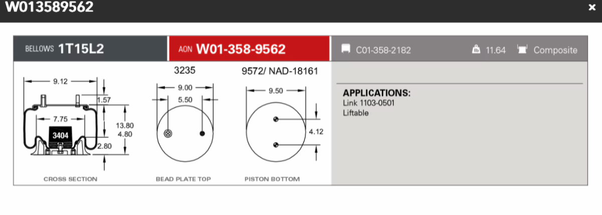 Firestone Airspring 9562 for Liftable Link axle 1103-0501