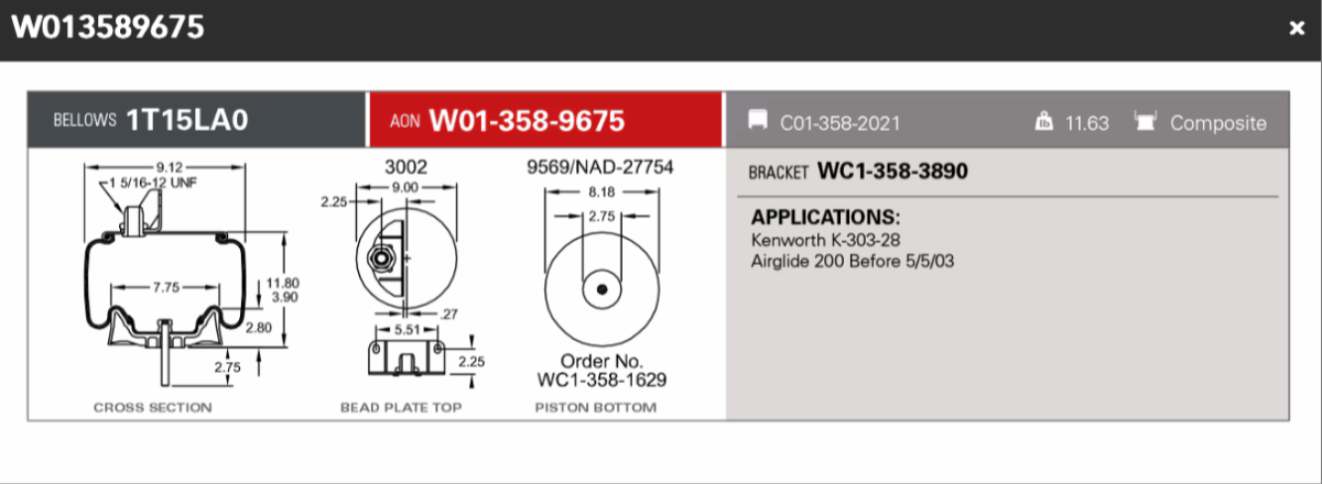 Firestone Airspring 9675 for Airglide 200 before 5/5/03 K-303-28