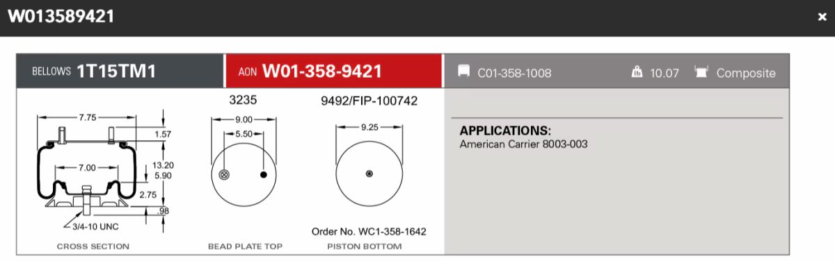 Firestone Airspring 9421 for American Carrier 8003-003