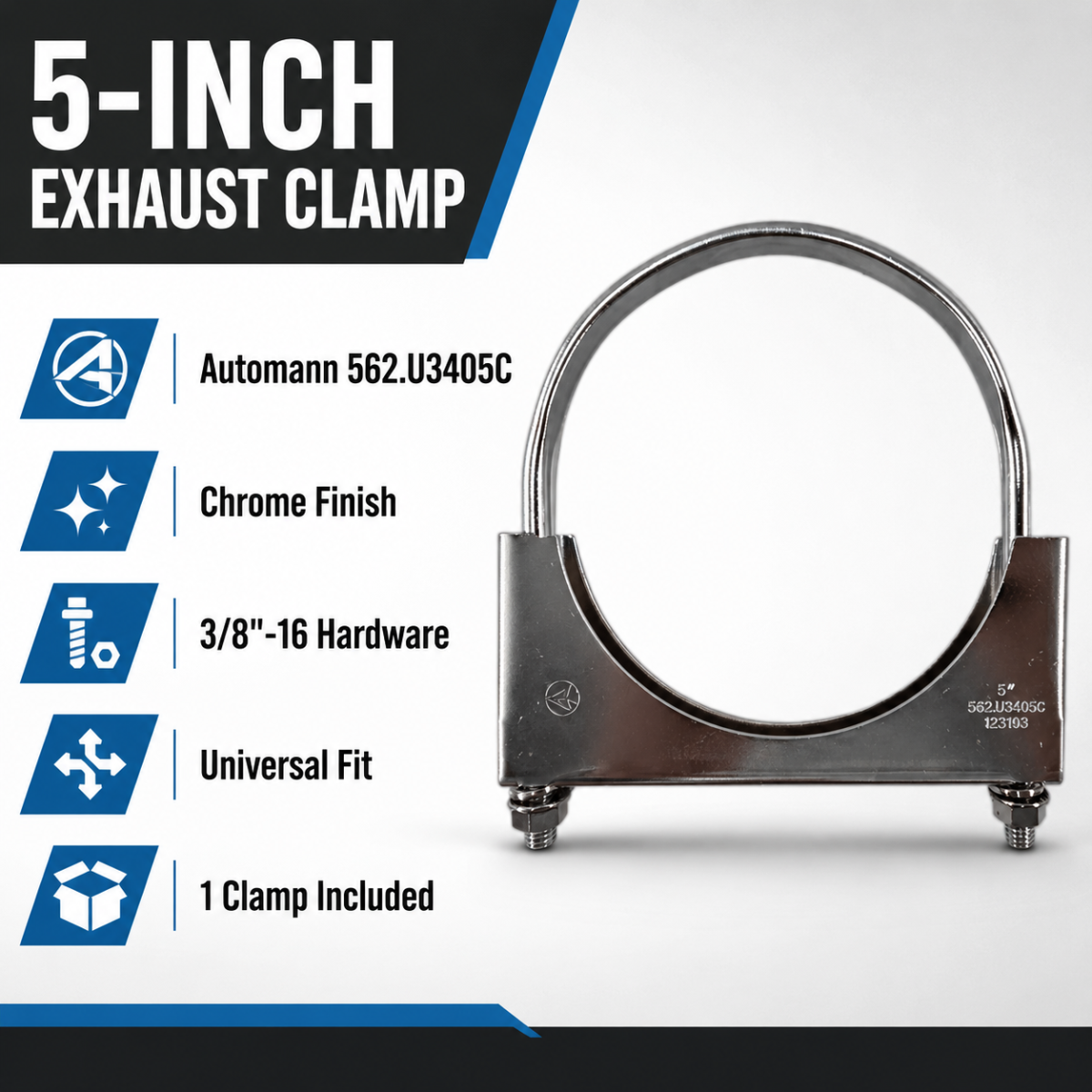 AUTOMANN 562.U3405C 5” CHROME FLAT U-BOLT EXHAUST SADDLE CLAMP