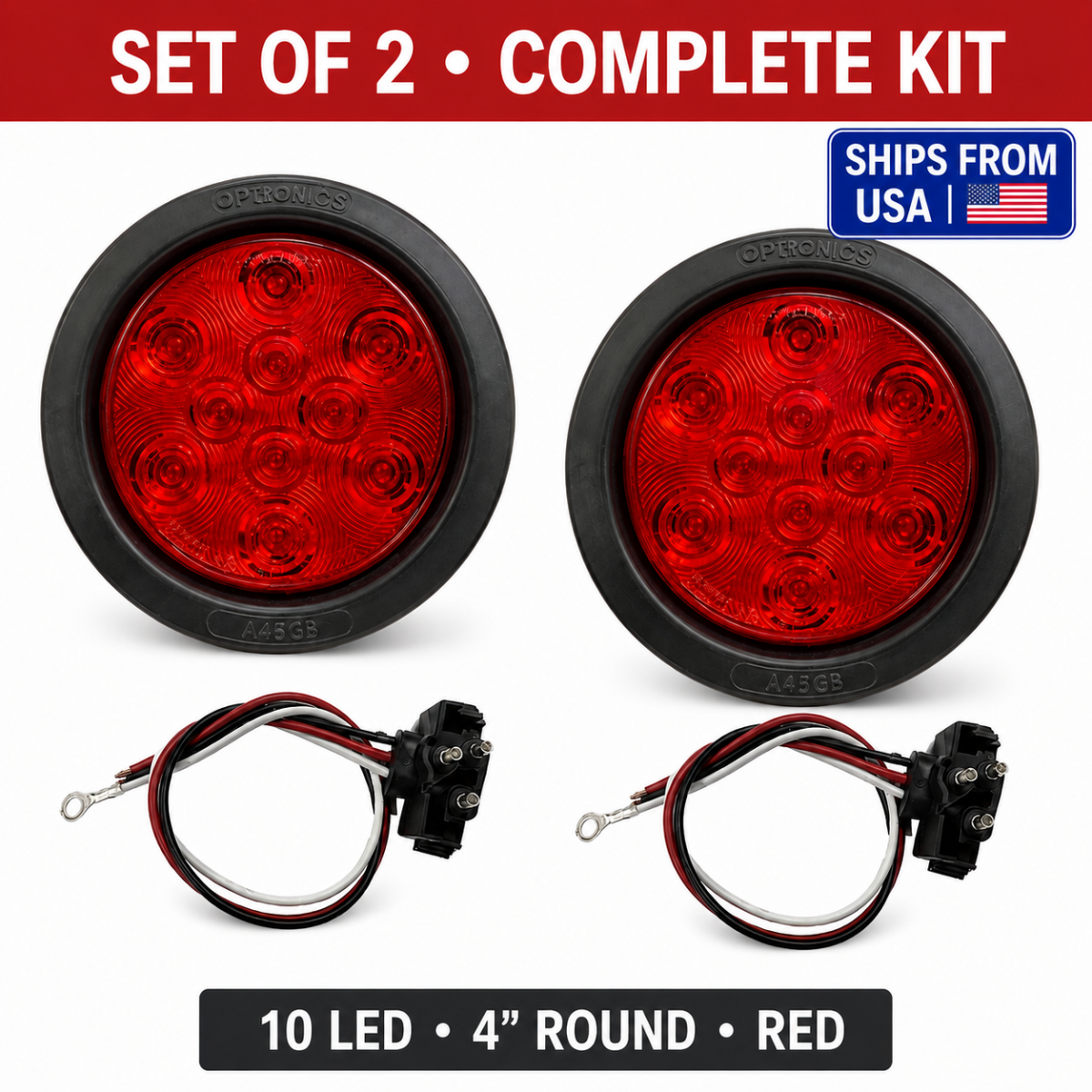 Optronics STL43RB Red 10 LED 4” Round Stop Turn Tail Light Kit – Set of 2