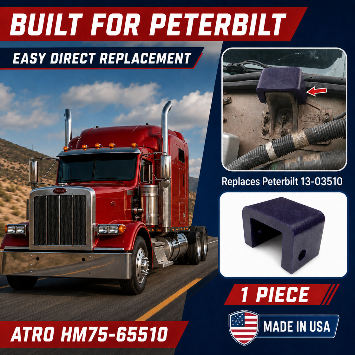 ATRO HM75-65510 Hood Bumper | Peterbilt 379 385 357 330 | Replaces 13-03510
