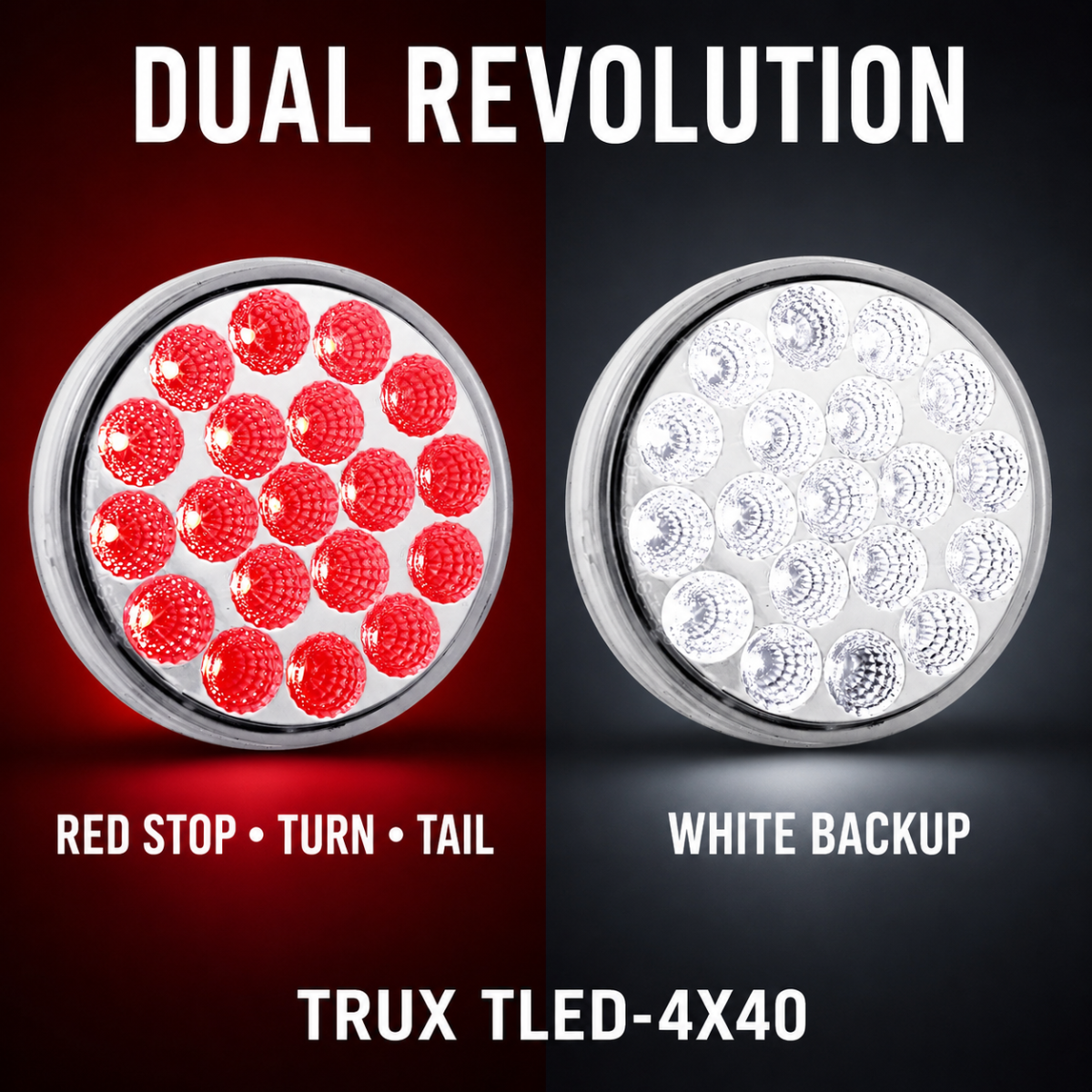 4" DUAL REVOLUTION RED STOP, TURN & TAIL TO WHITE BACK UP LED LIGHT WITH LOCK CONNECTOR