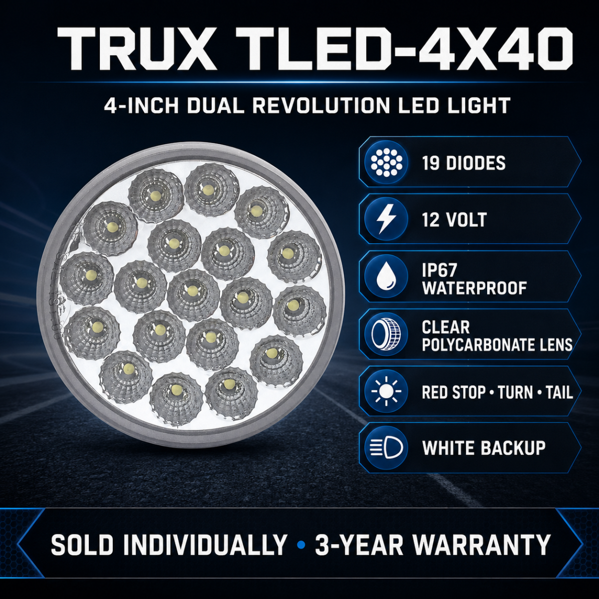 4" DUAL REVOLUTION RED STOP, TURN & TAIL TO WHITE BACK UP LED LIGHT WITH LOCK CONNECTOR