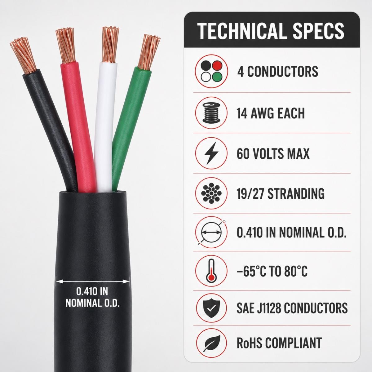 Phillips 3-192 14/4 Trailer Cable – 14 Gauge 4-Conductor Wire Sold by the Foot