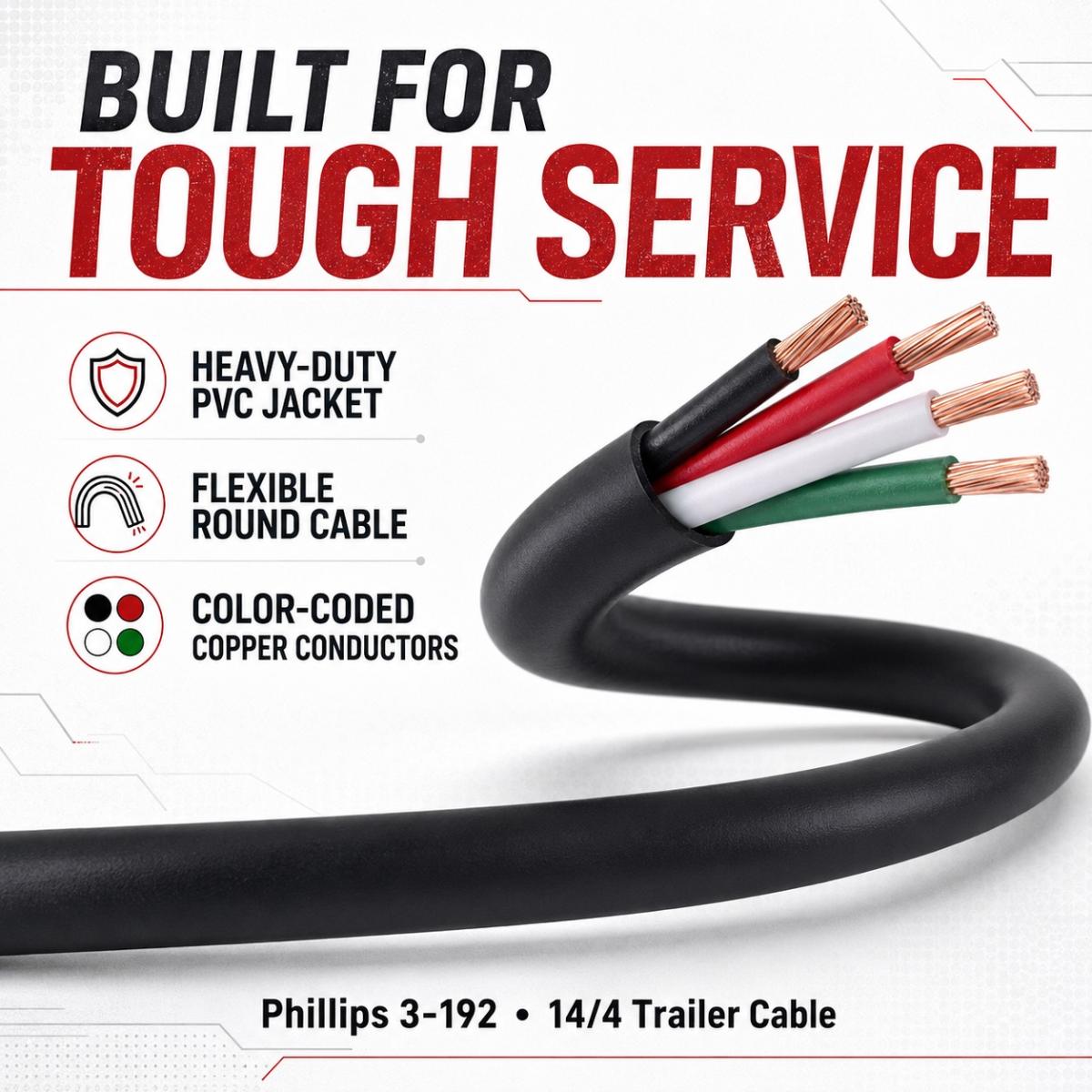 Phillips 3-192 14/4 Trailer Cable – 14 Gauge 4-Conductor Wire Sold by the Foot