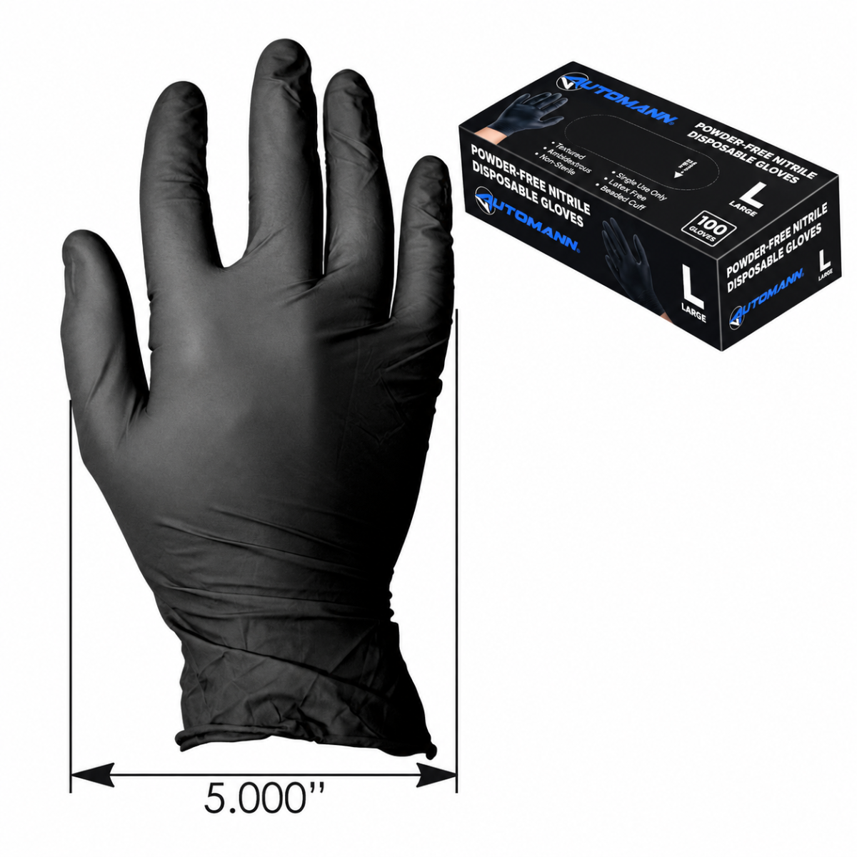 Automann 571.G1001L Black Nitrile Gloves – Large, 100 Count