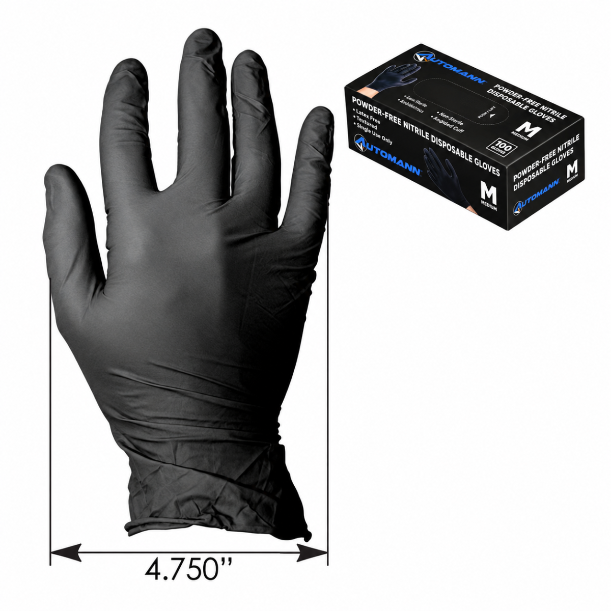 Automann 571.G1001M Black Nitrile Gloves – Medium, 100 Count