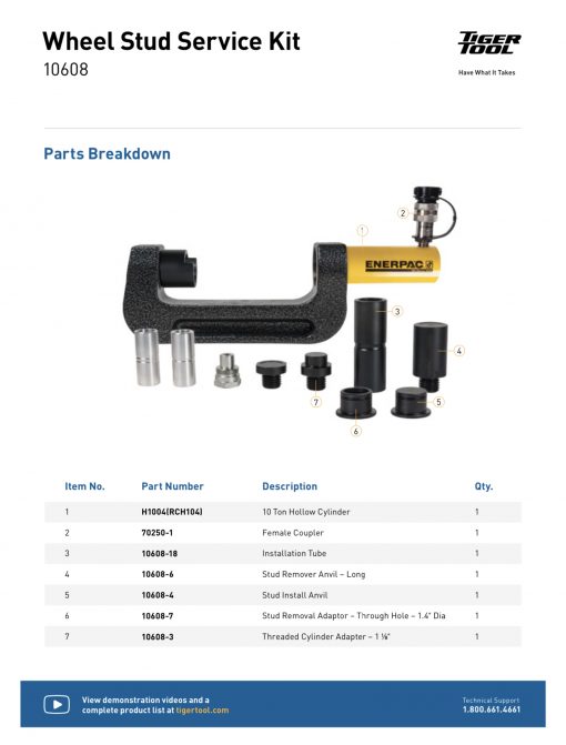Tiger Tool 10608 Hydraulic Wheel Stud Service Kit Remover & Re-installer - Image 5
