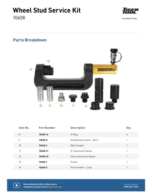 Tiger Tool 10608 Hydraulic Wheel Stud Service Kit Remover & Re-installer - Image 6